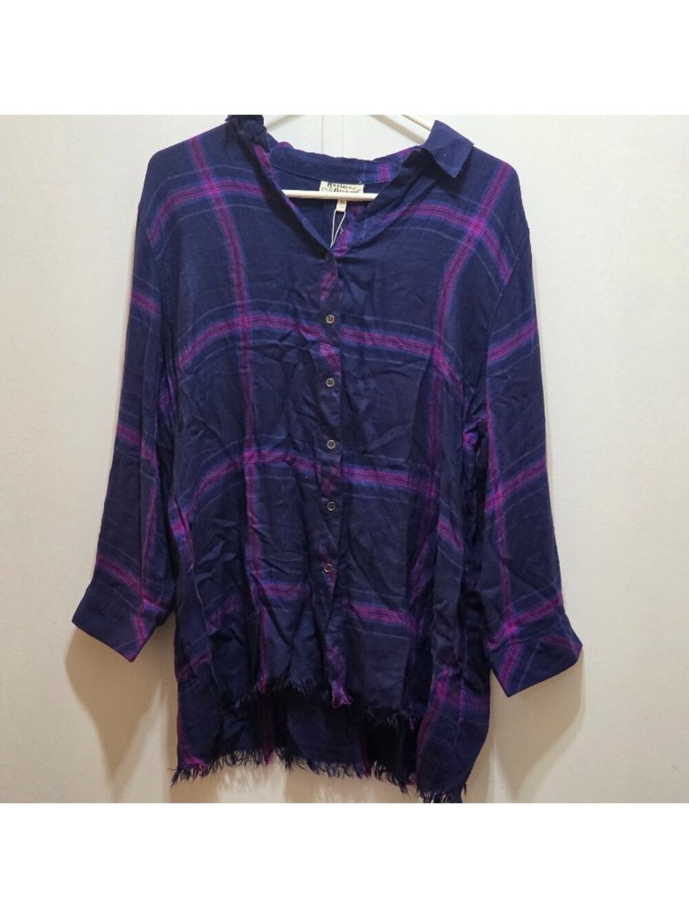 Hester & Orchard Navy Blue Magenta Plaid Button Frayed Hem Top Shirt XL New